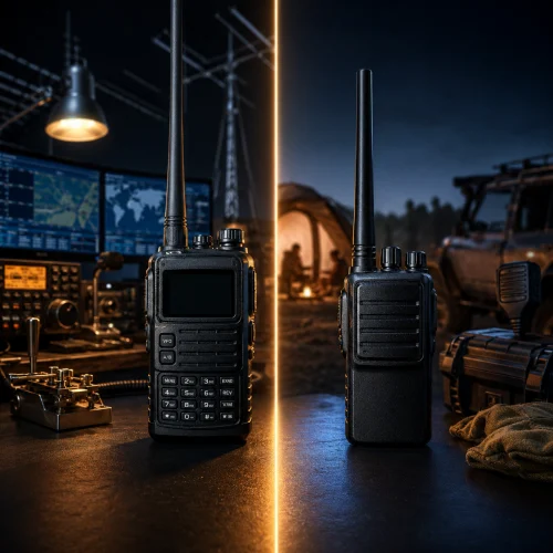 Side by side comparison of a ham radio and a GMRS radio